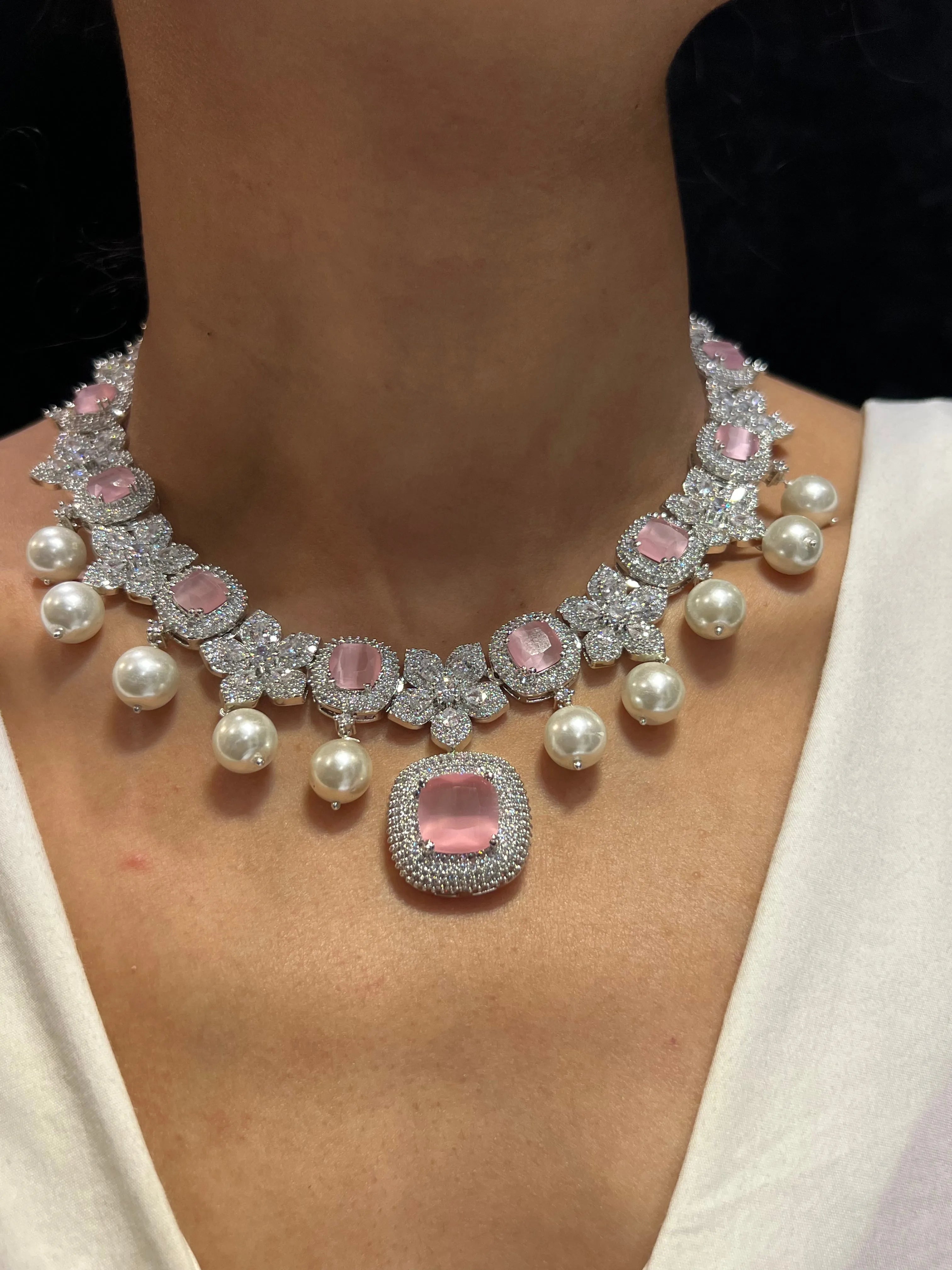 Stella Matte Pink Pearl CZ Necklace