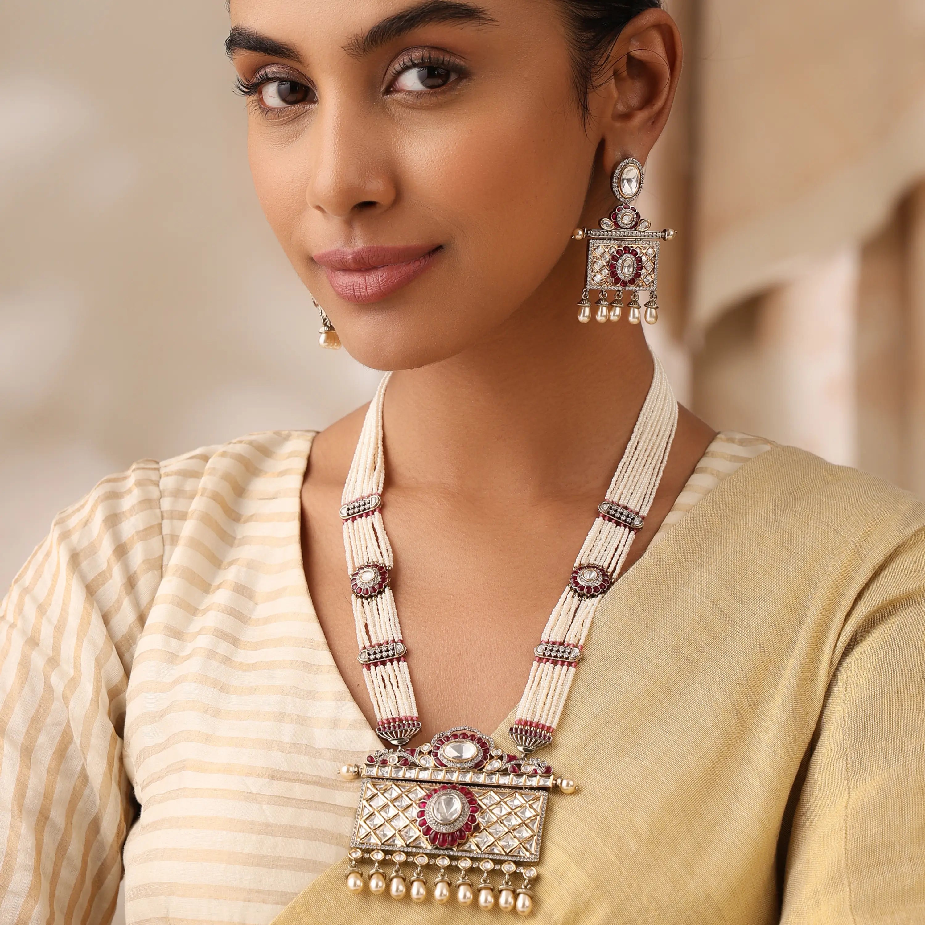 Uncut Long Pearl Necklace Set with Ruby Detailing with Earrings and Tikka