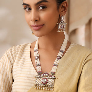 Uncut Long Pearl Necklace Set with Ruby Detailing with Earrings and Tikka