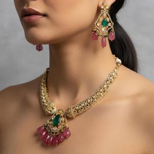 Niza Ruby Green Necklace Set with Earrings – Polki, Emerald & Ruby Beads
