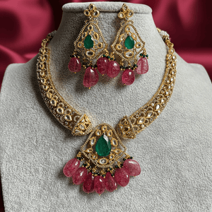 Niza Ruby Green Necklace Set with Earrings – Polki, Emerald & Ruby Beads