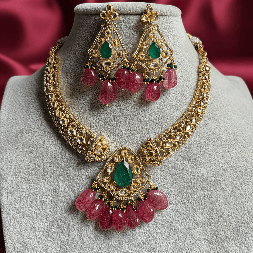 Niza Ruby Green Necklace Set with Earrings – Polki, Emerald & Ruby Beads