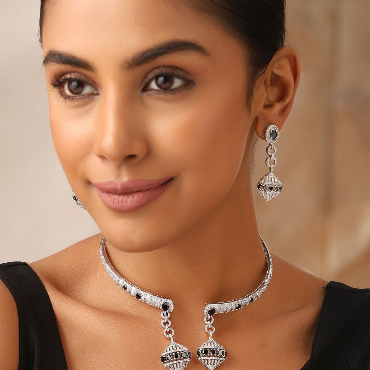 Noir Charm CZ Choker Necklace with Earrings – Black & Silver Finish