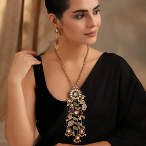 Pastel Leaf Kundan Long Necklace Set (Necklace + Earrings)
