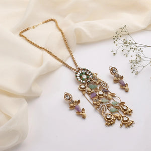 Pastel Leaf Kundan Long Necklace Set (Necklace + Earrings)