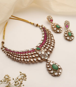 Pre order Regal Heritage Kundan Necklace Set with Emerald Green & Ruby Accents