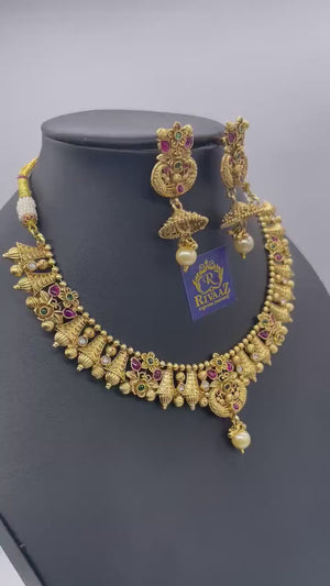 Matte Gold Necklace Ruby Emerald Choker Indian Jewelry Indian Jewelry Rajwadi Necklace Bollywood Jewelry