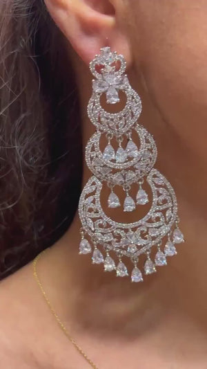 Silver Diamond CZ Chaandbali Earrings Indian Jewelry Statement Earrings Jhumka  Earrings American Diamond Earrings Bollywood Pakistani