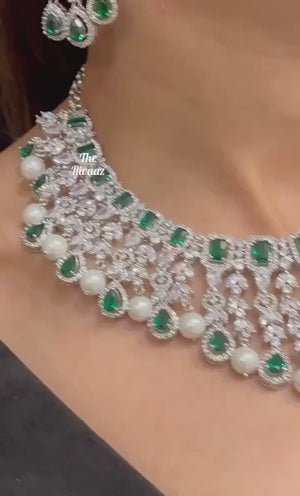 Emerald CZ Diamond Pearl Necklace Wedding Necklace Statement Necklace CZ Necklace Set Indian Bridal Jewelry American Diamond Set
