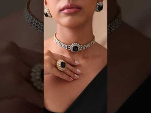 Elegant black stone crystal choker jewelry set worn with evening outfit