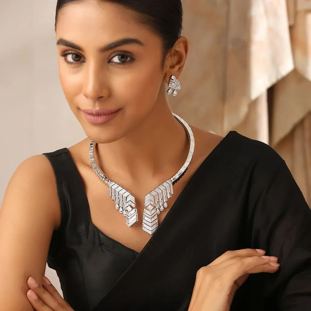 Prisma Geometric CZ Necklace Set – Modern Collar with Earrings