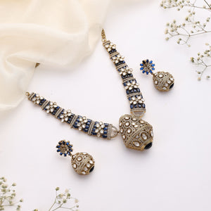 Rajvansh Blue Polki Necklace with Jhumka Earrings (Antique Gold Finish)