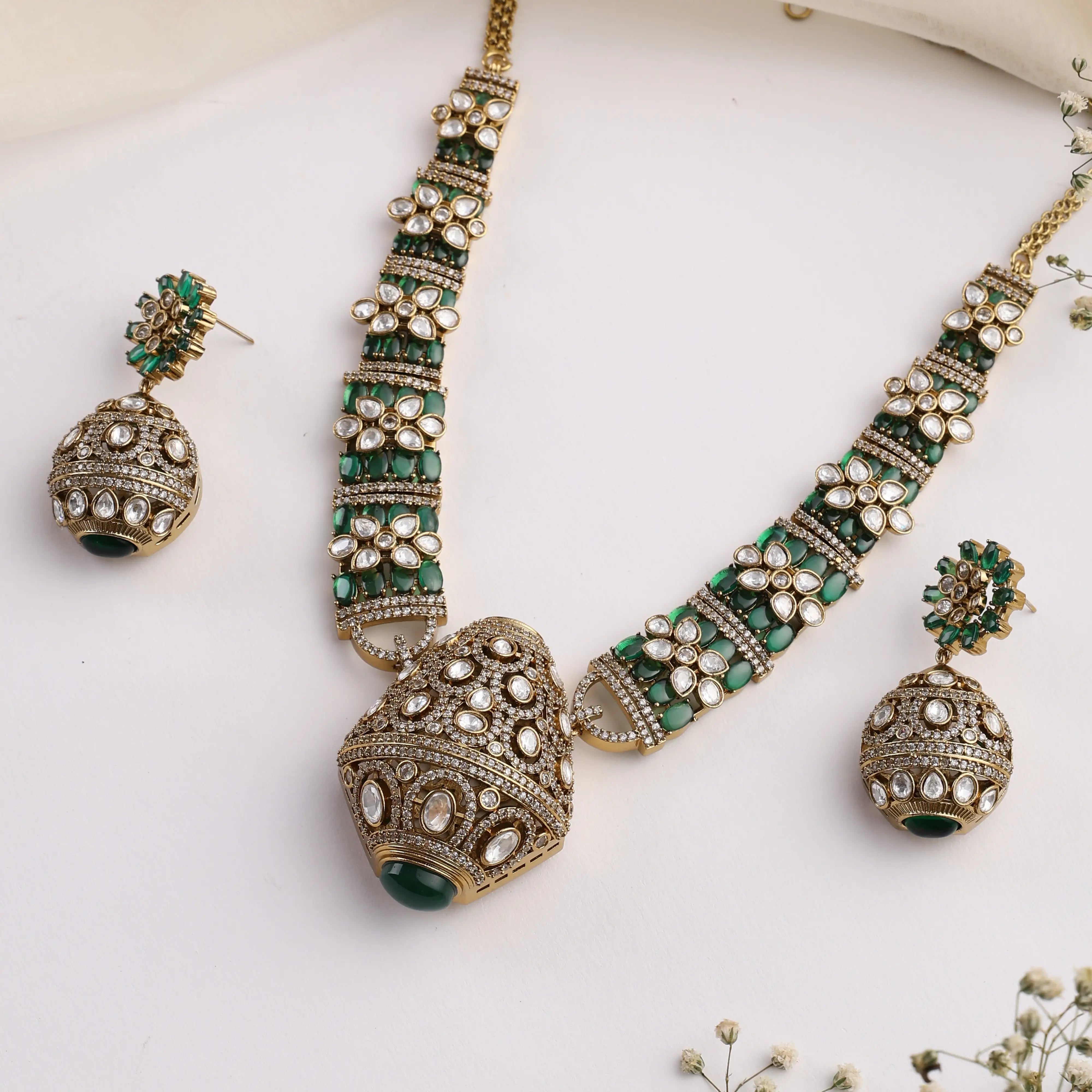 Rajvansh Emerald Polki Necklace with Jhumka Earrings