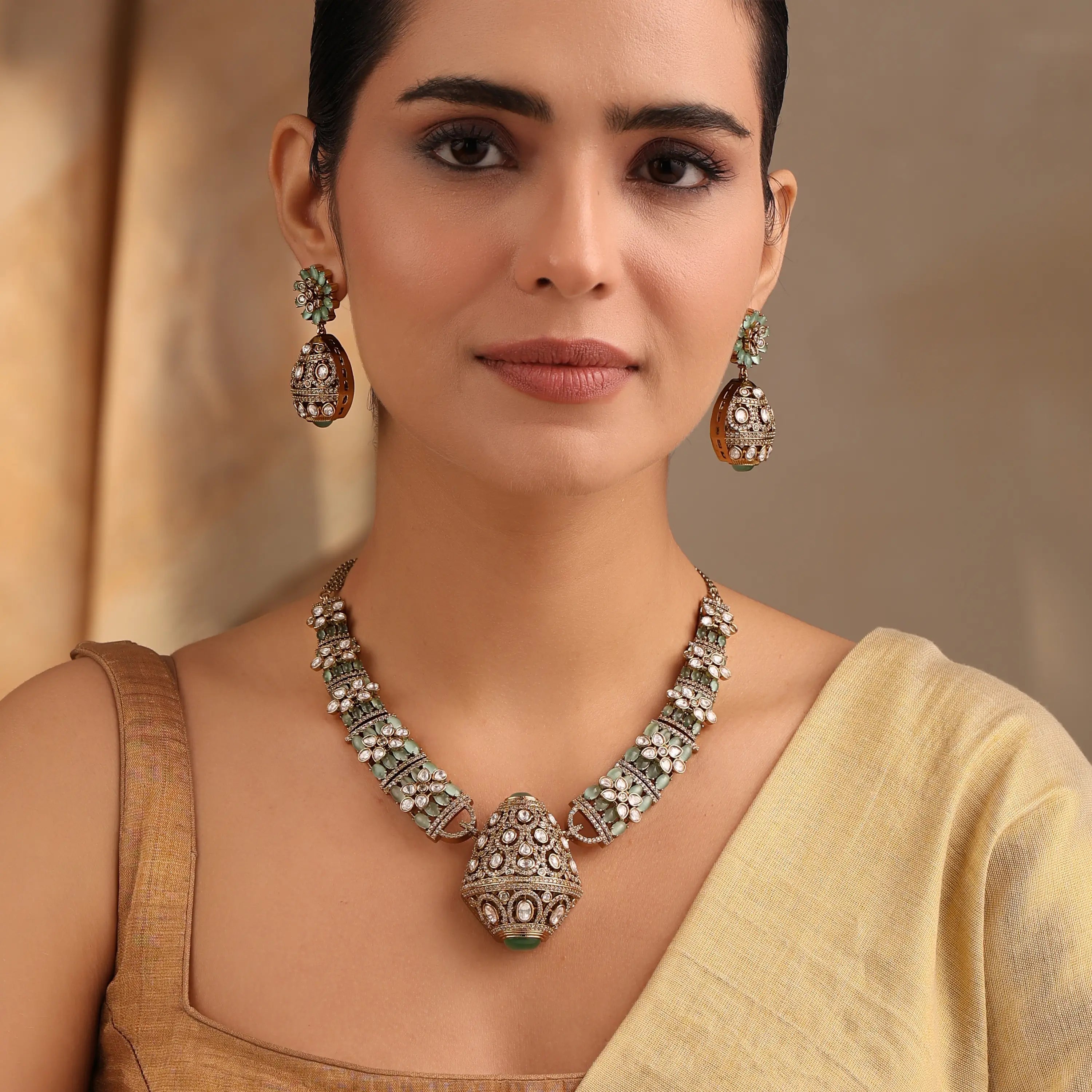 Rajvansh Mint Polki Necklace with Jhumka Earrings (Antique Gold Finish)