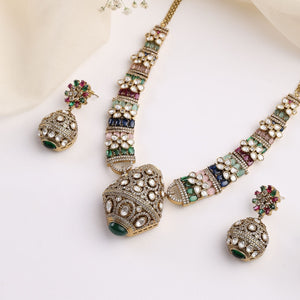 Rajvansh Navratan Multi Polki Necklace with Jhumka Earrings (Antique Gold Finish)