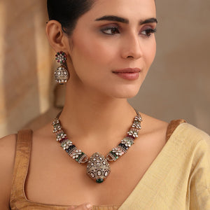 Rajvansh Navratan Multi Polki Necklace with Jhumka Earrings (Antique Gold Finish)