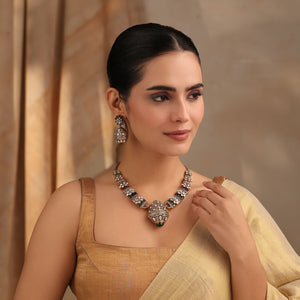 Rajvansh Navratan Multi Polki Necklace with Jhumka Earrings (Antique Gold Finish)