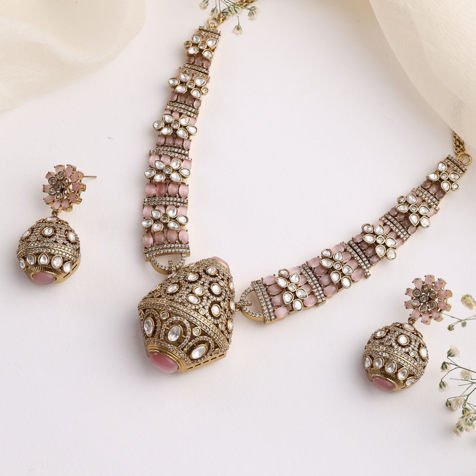Rajvansh Pink Polki Necklace with Jhumka Earrings – Antique Gold Plating