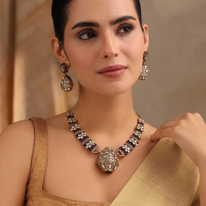 Rajvansh Purple Polki Necklace with Jhumka Earrings (Antique Gold Finish)