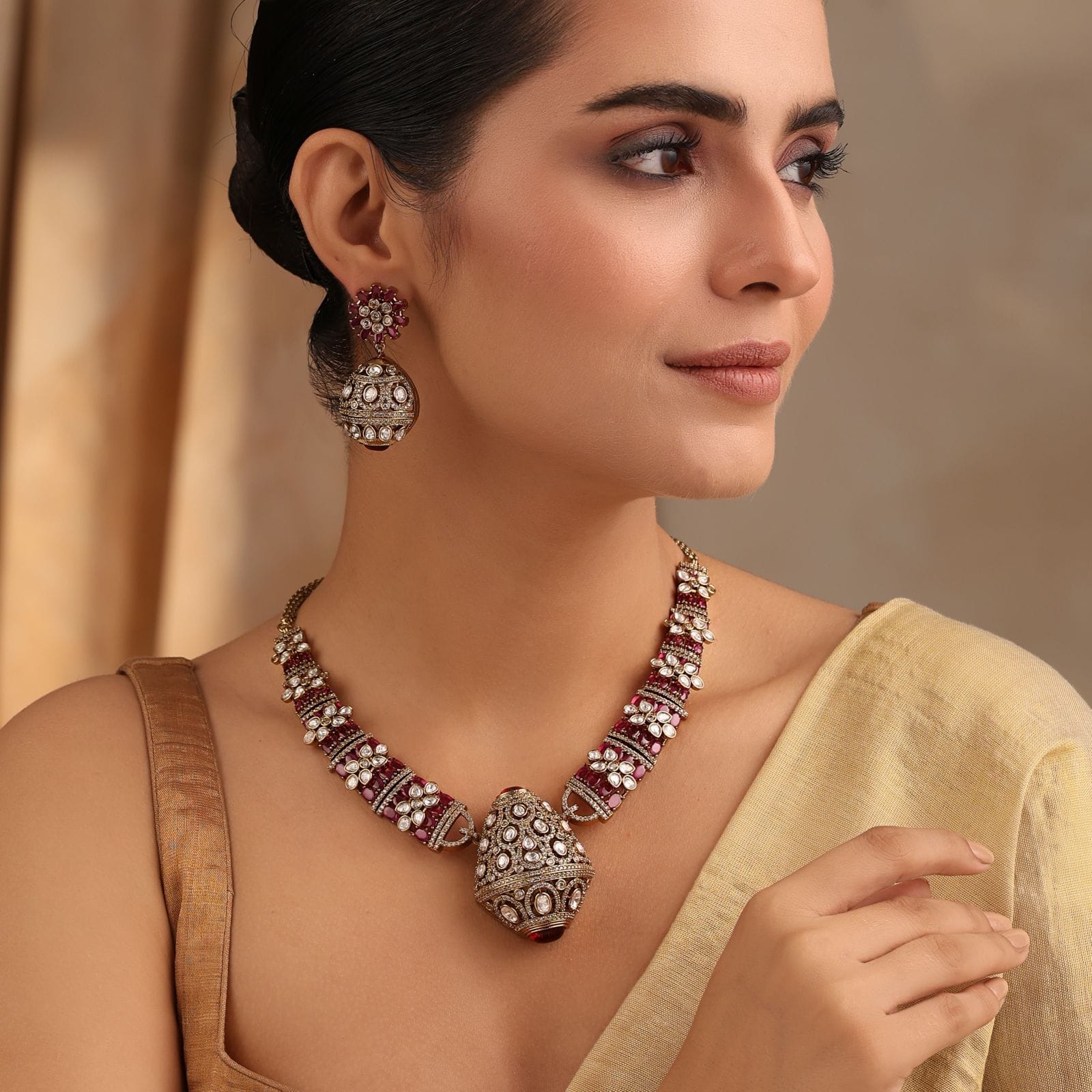 Rajvansh Ruby Polki Necklace with Jhumka Earrings (Antique Gold Finish)