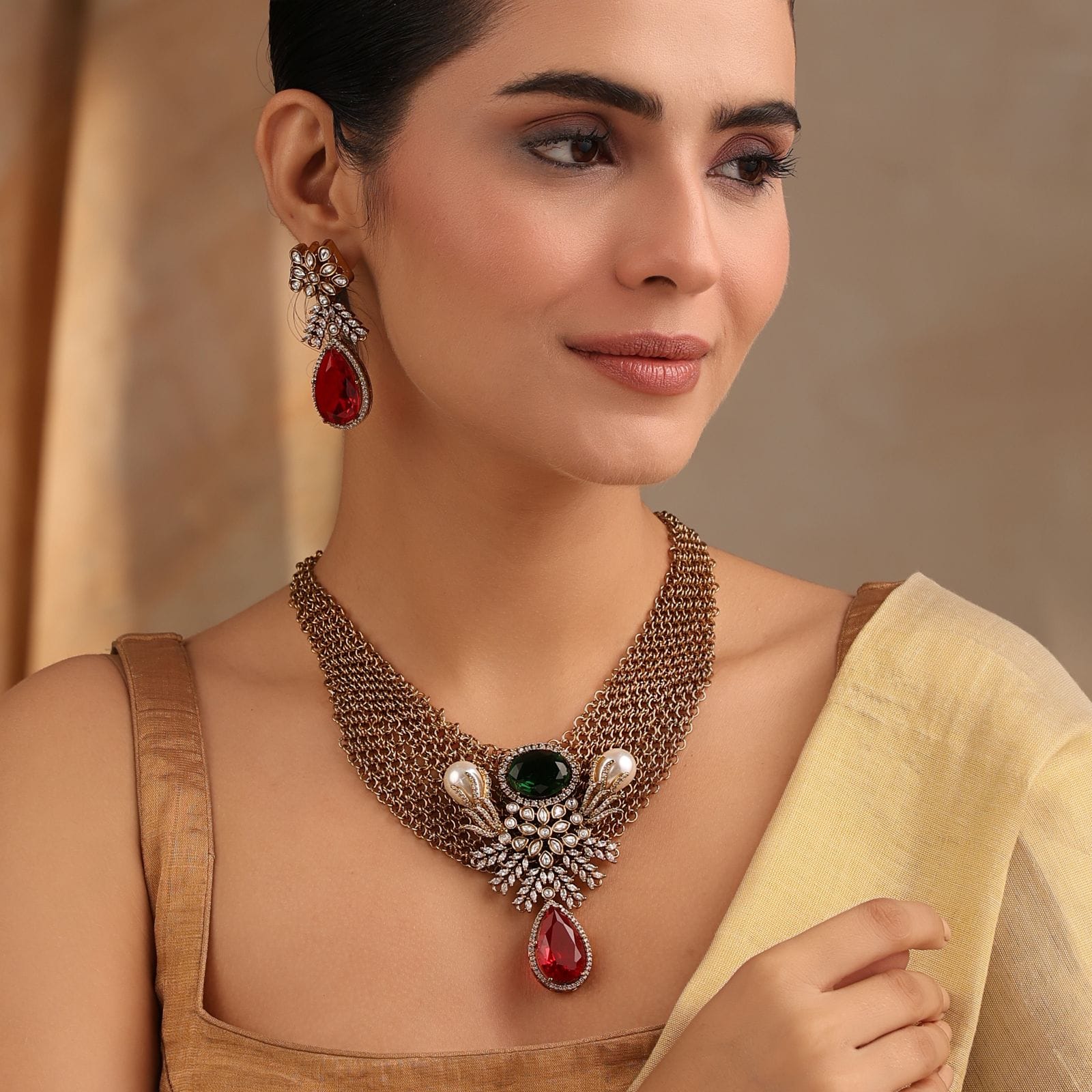 Regalia Kundan Necklace Set with Red & Green Stones