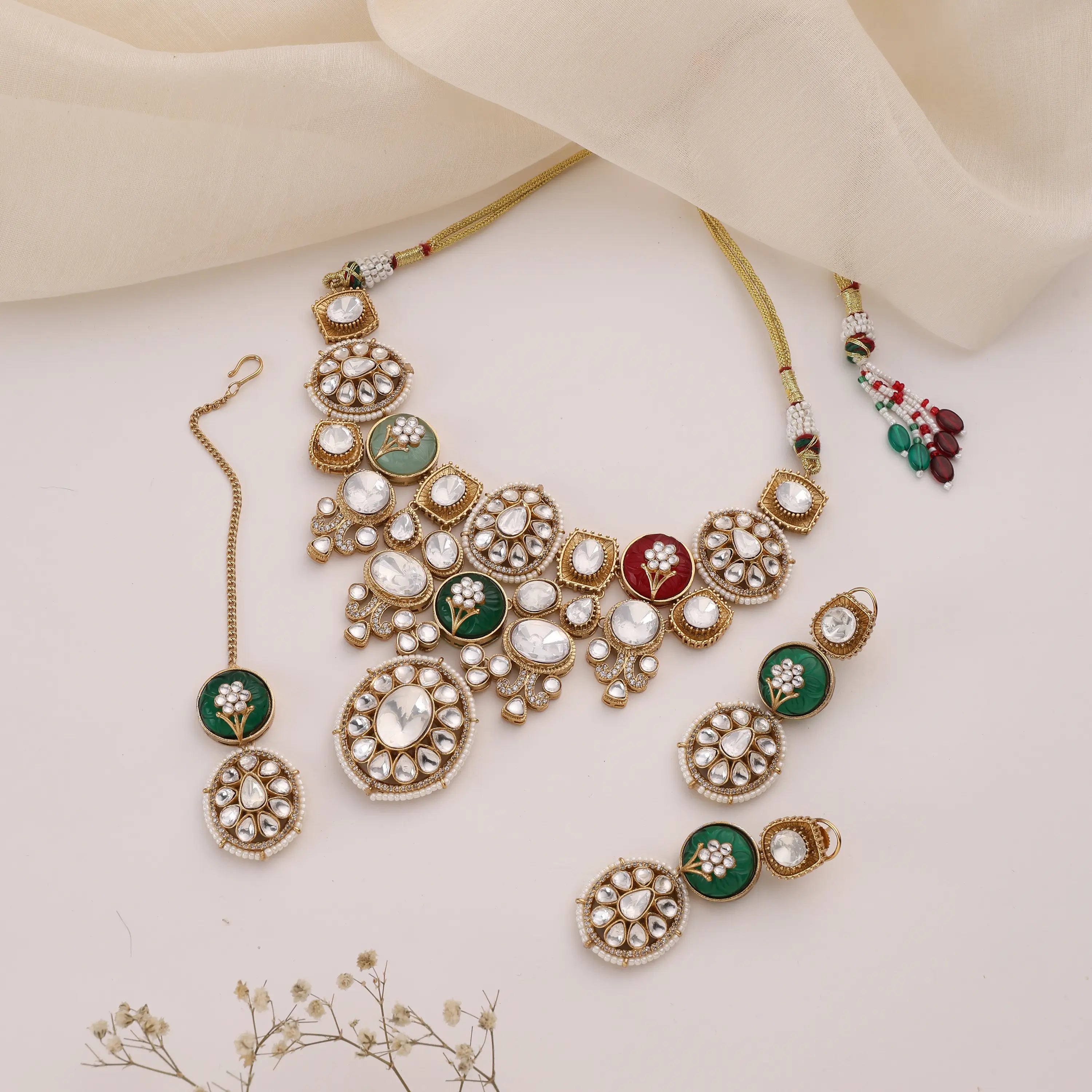 Riba Navratan Fine Kundan Necklace Set with Earrings & Tikka
