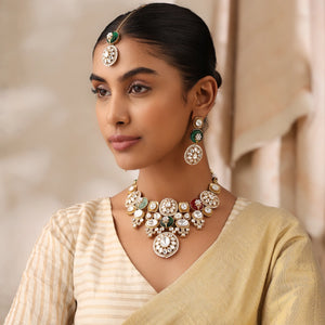 Riba Navratan Fine Kundan Necklace Set with Earrings & Tikka