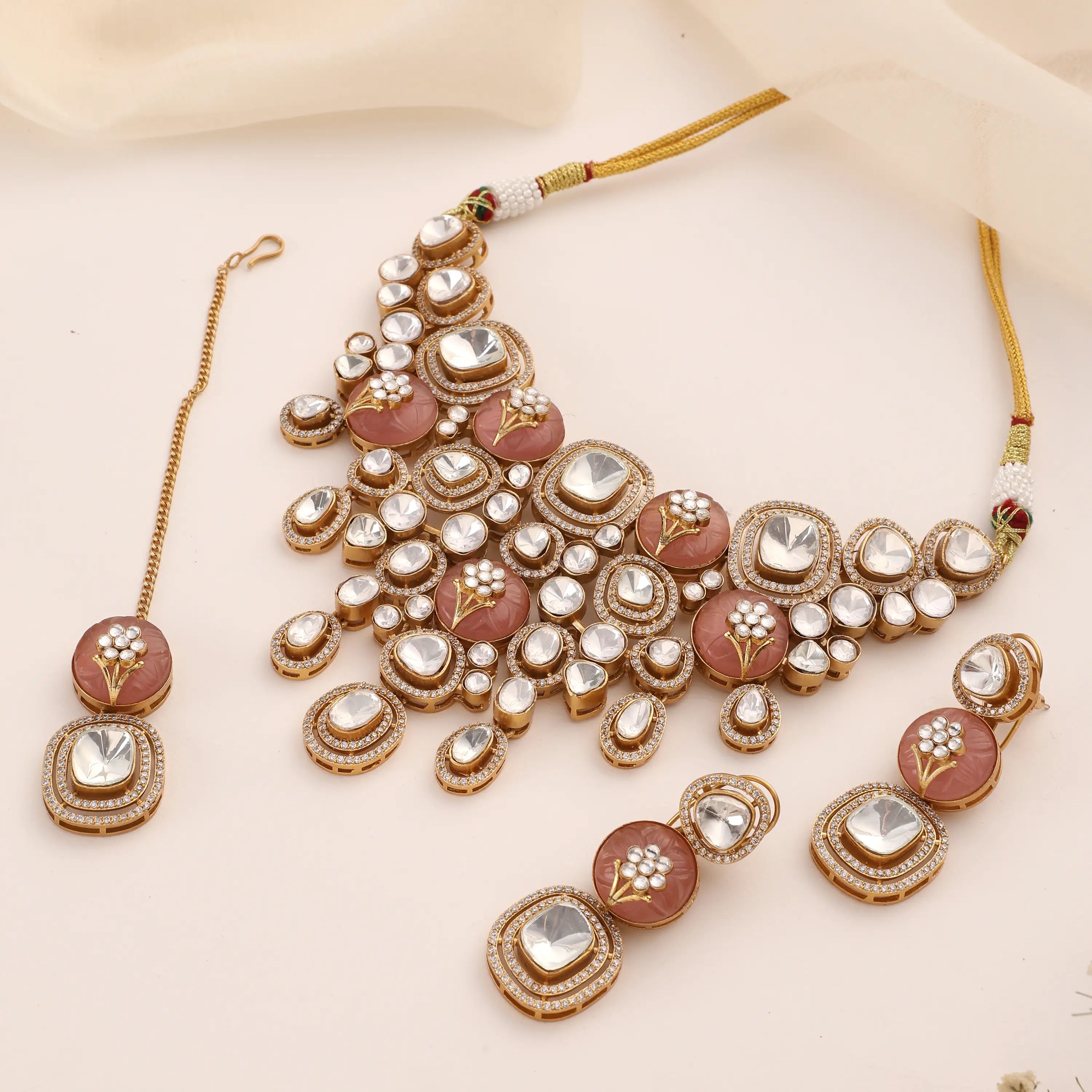 Riba Peach Fine Kundan Necklace Set with Earrings & Tikka