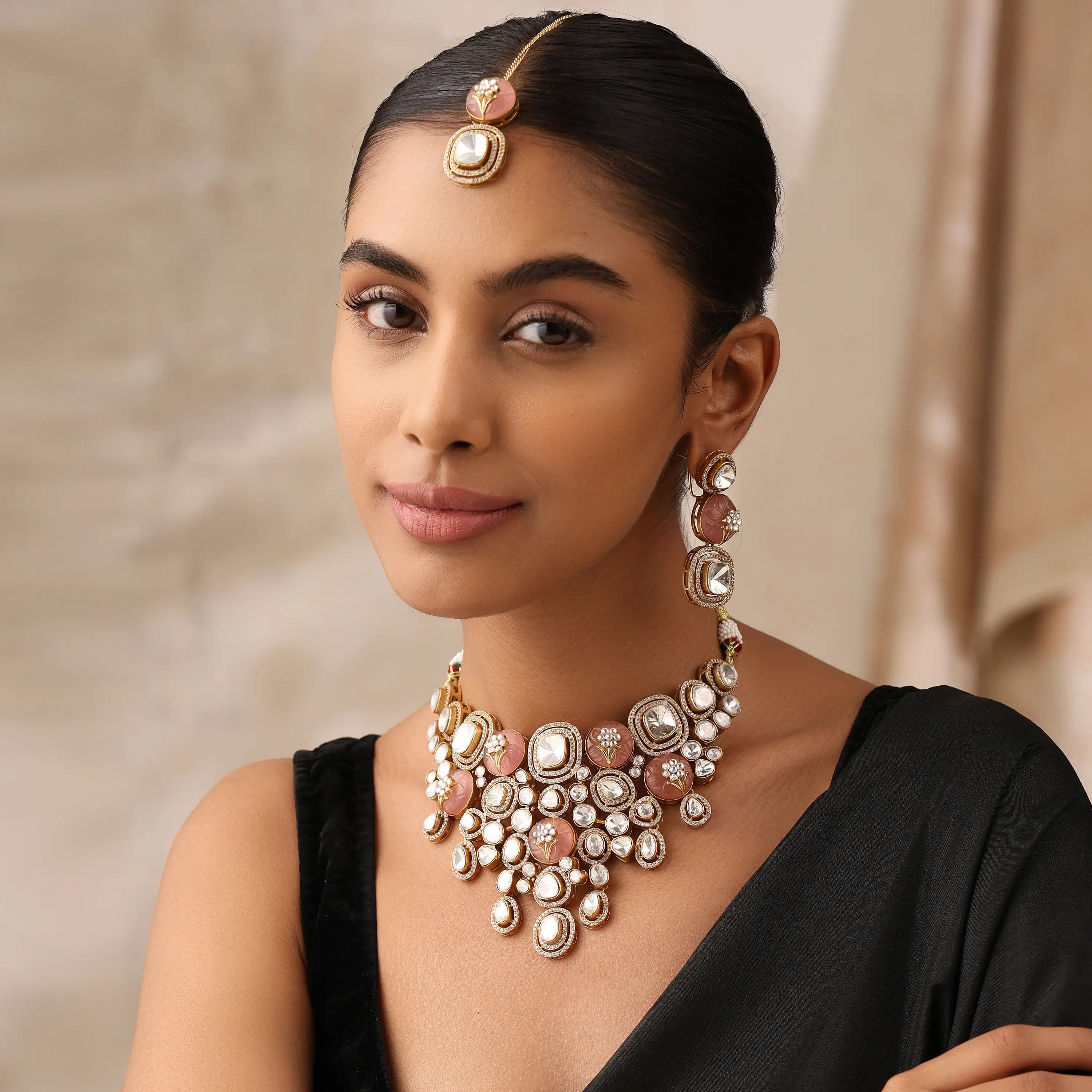 Riba Peach Fine Kundan Necklace Set with Earrings & Tikka