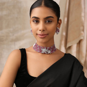 Ruby Floral Statement Choker Set with CZ Work & Matching Earrings