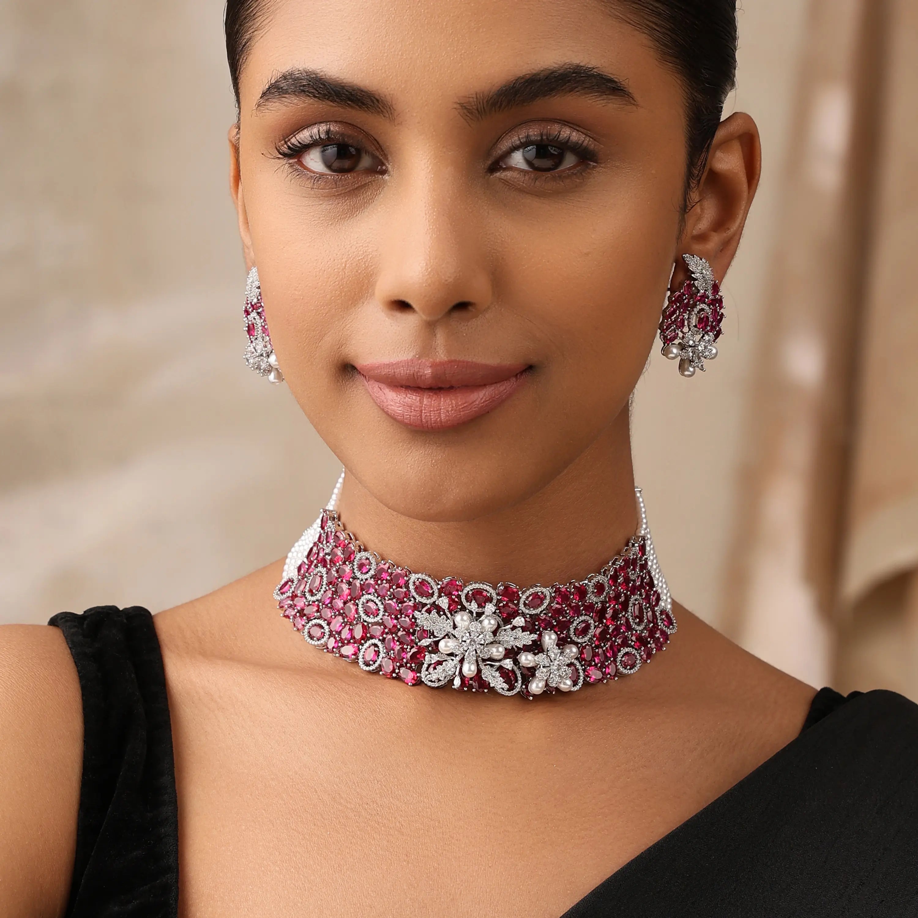 Ruby Floral Statement Choker Set with CZ Work & Matching Earrings