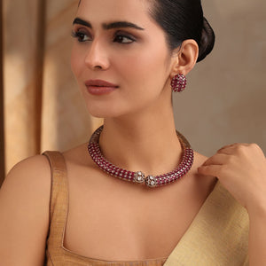 Ruby Radiance Collar Necklace with Ruby Studs in Antique Gold Polish