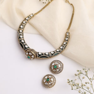 Rudra Green Kundan Hasli Set in Antique Finish with Earrings