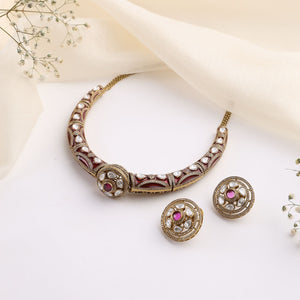 Rudra Maroon Kundan Hasli Set in Antique Finish with Earrings