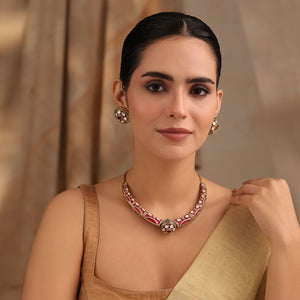Rudra Rani Pink Kundan Hasli Set in Antique Finish with Earrings