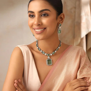 Sage Mint Uncut Polki Necklace Set with Earrings