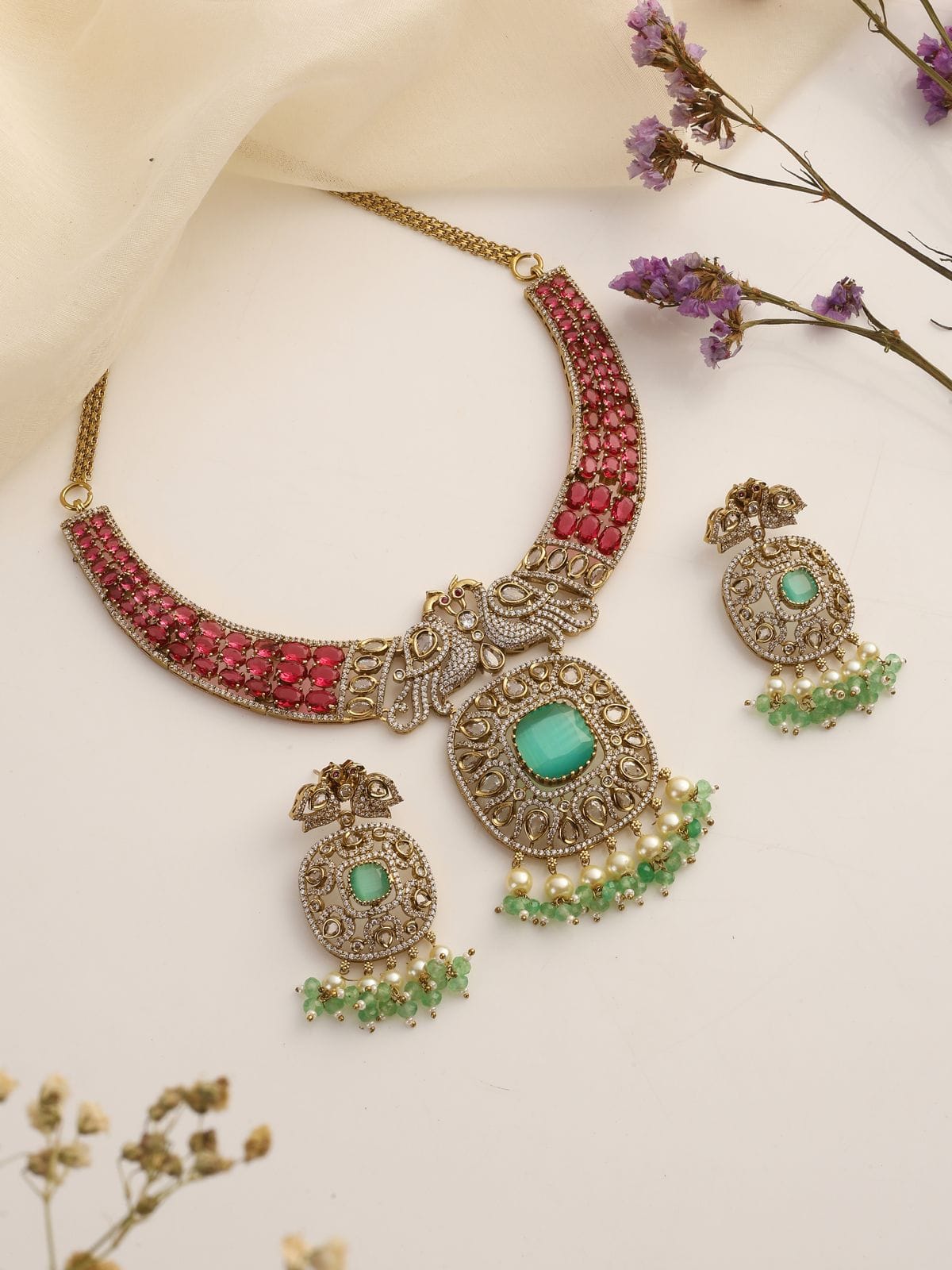 Tavisha Ruby-Mint Kundan Necklace Set