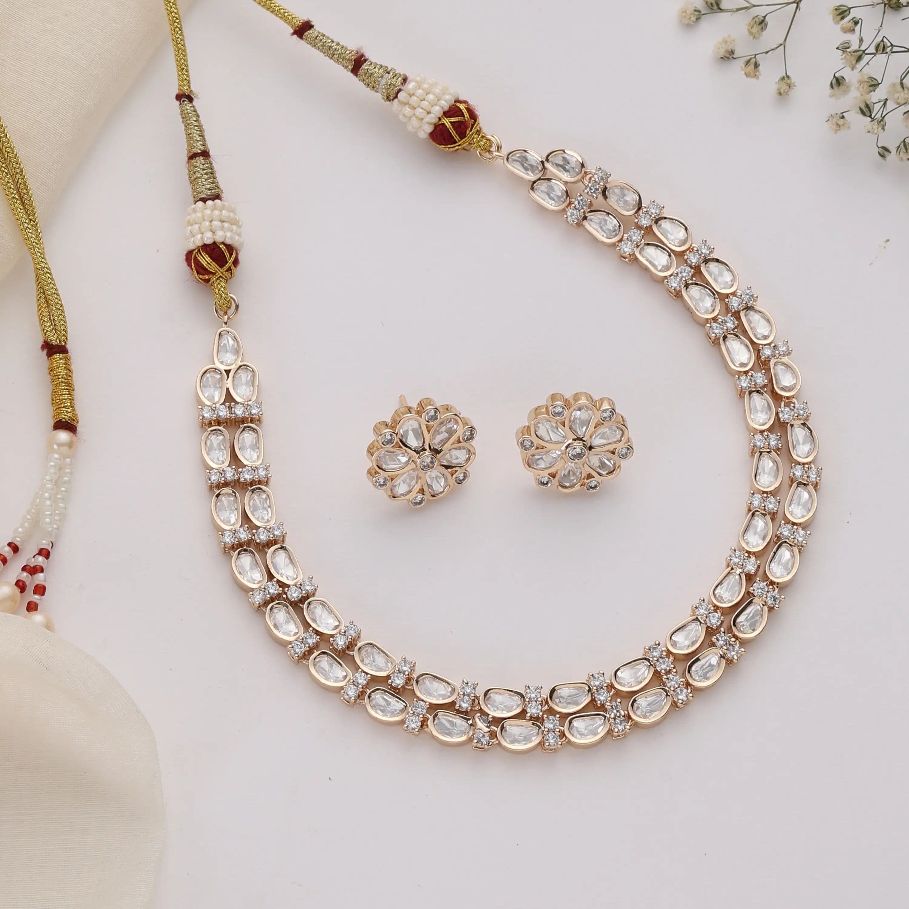 Two Layer Uncut Polki Necklace Set with Stud Earrings