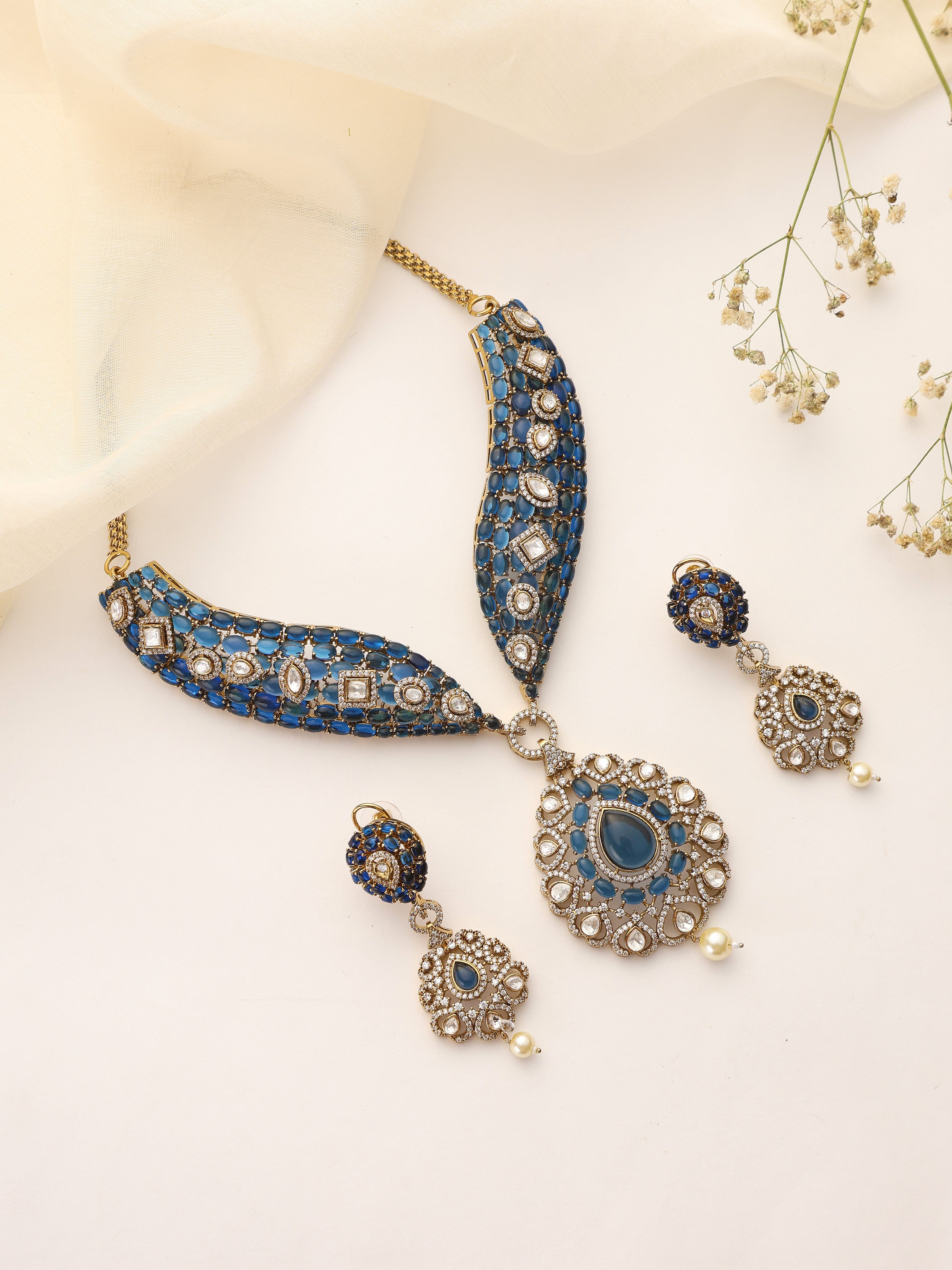 Vamika Blue Mossonite Kundan Polki Necklace Set | Indian Jewelry