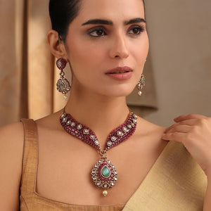 Vamika Ruby & Mint Green Necklace Set with Earrings