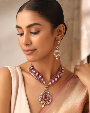 Vamika Ruby Mossonite Choker Necklace Set with Earrings