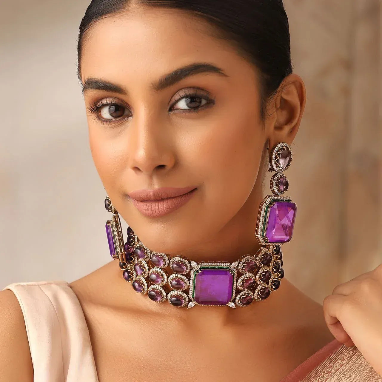 Viola Luxe Purple Choker Set with Statement Earrings – Amethyst Inspired Bridal Jewelry