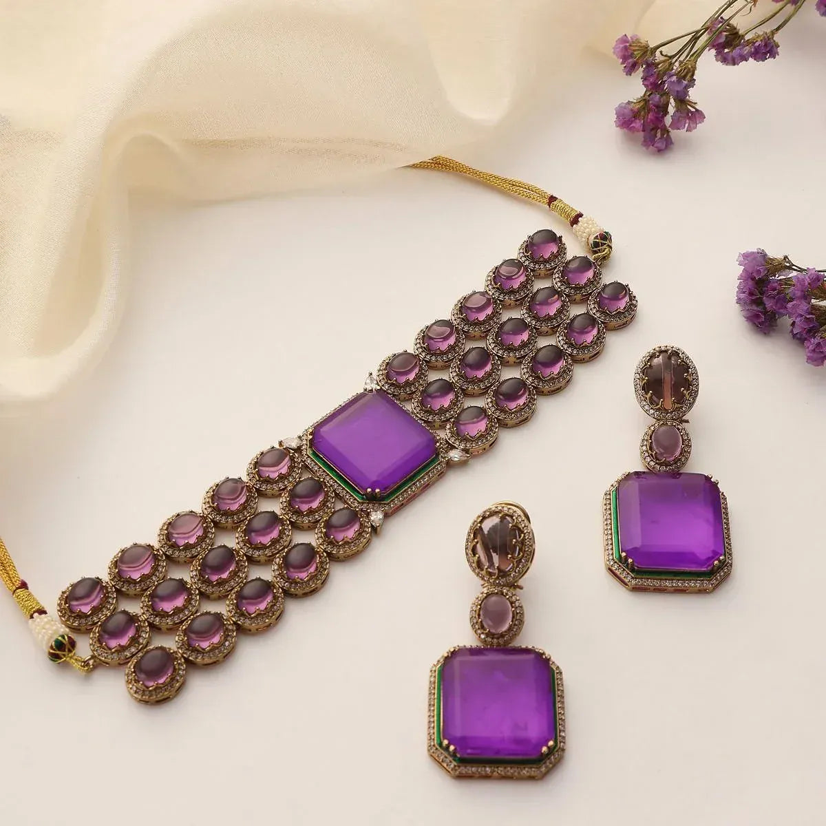 Viola Luxe Purple Choker Set with Statement Earrings – Amethyst Inspired Bridal Jewelry