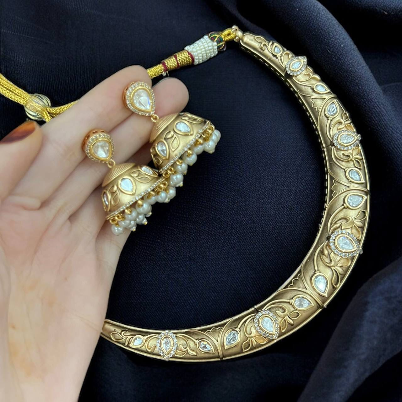 Gold Mosonite Hasli with Jhumkas