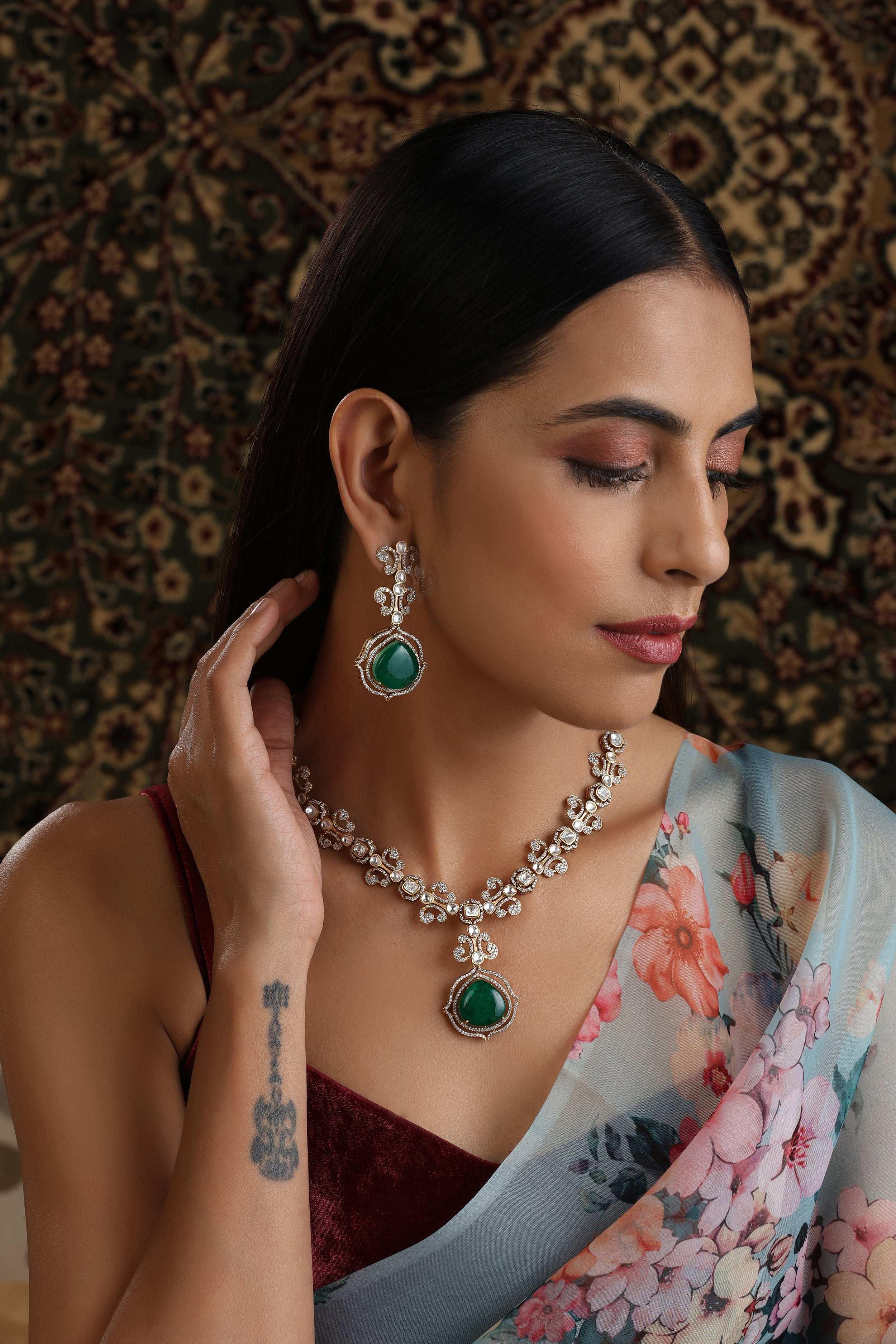 Emerald Uncut Polki Delicate Set