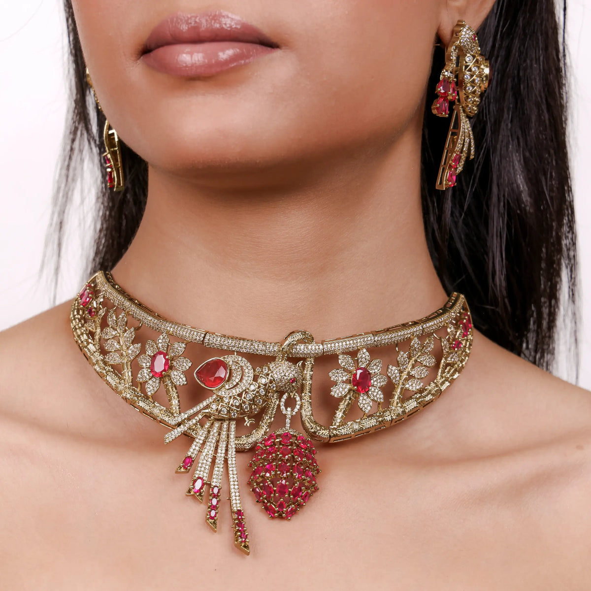 Vanika Ruby Red Bird CZ Choker Set with Earrings