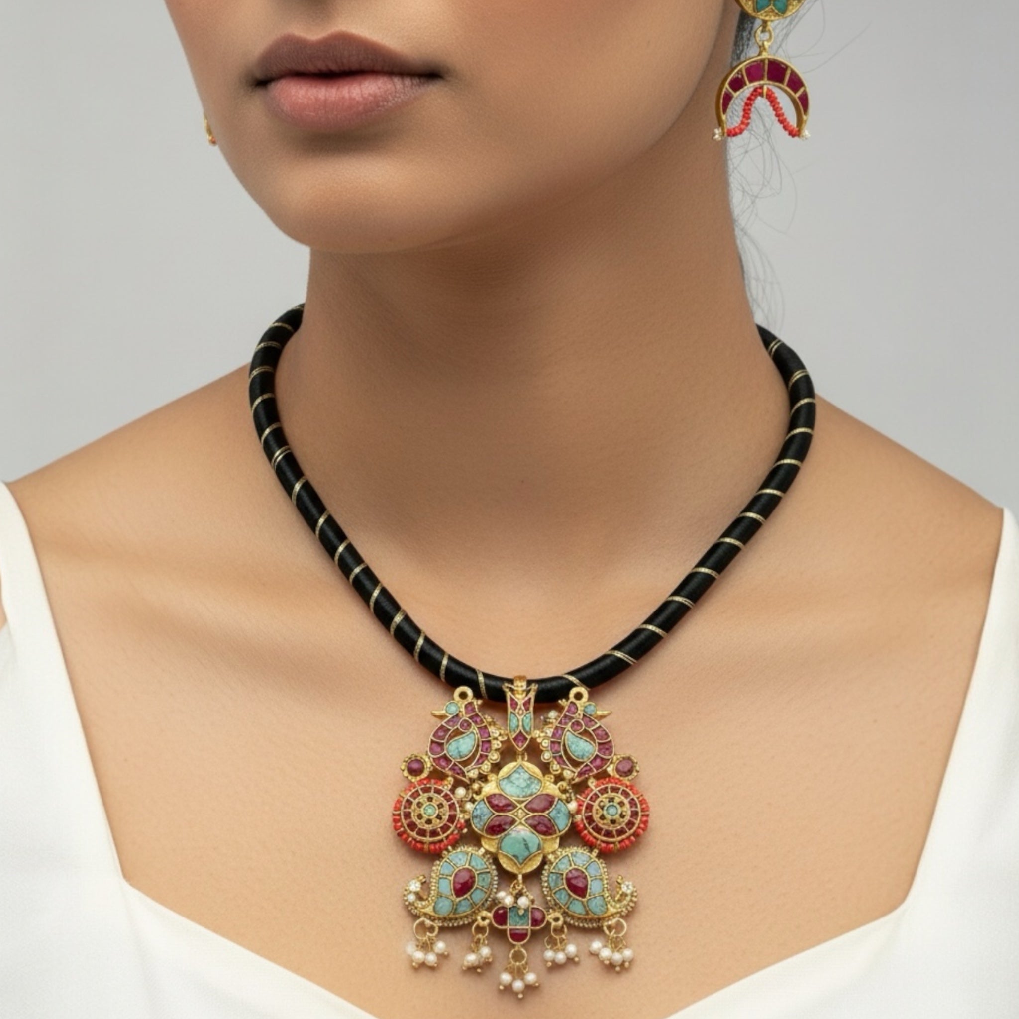 Jadau Turquoise Ruby Pendant Set