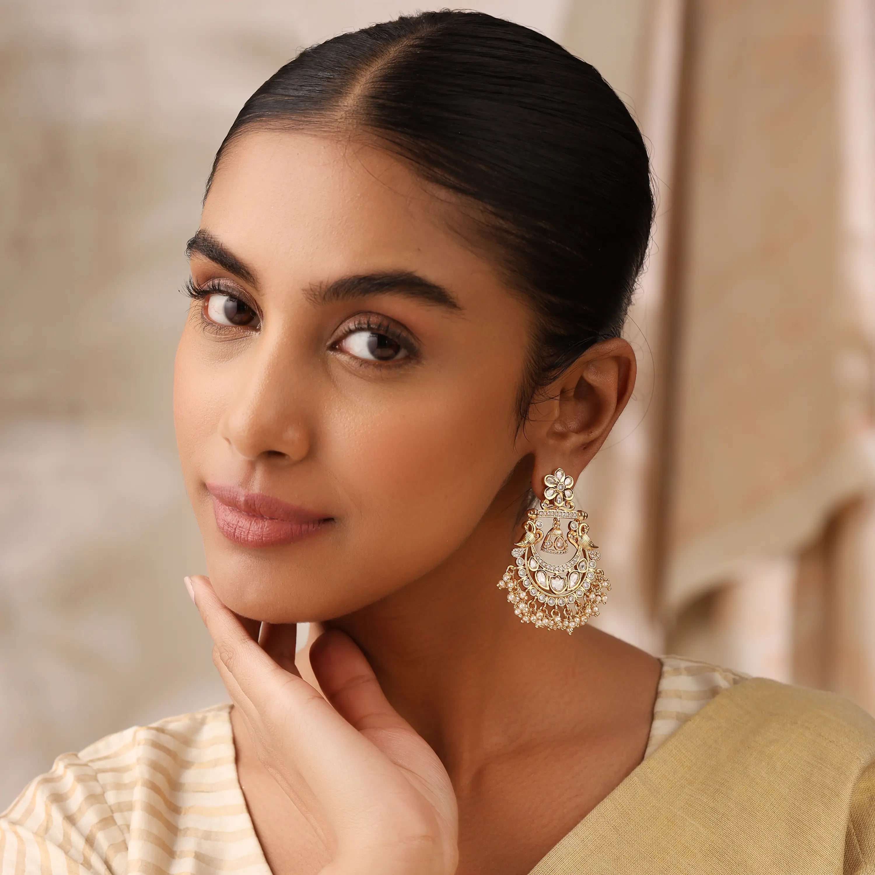 Uncut Polki Moissanite Chandbali Earrings with Pearl Drops