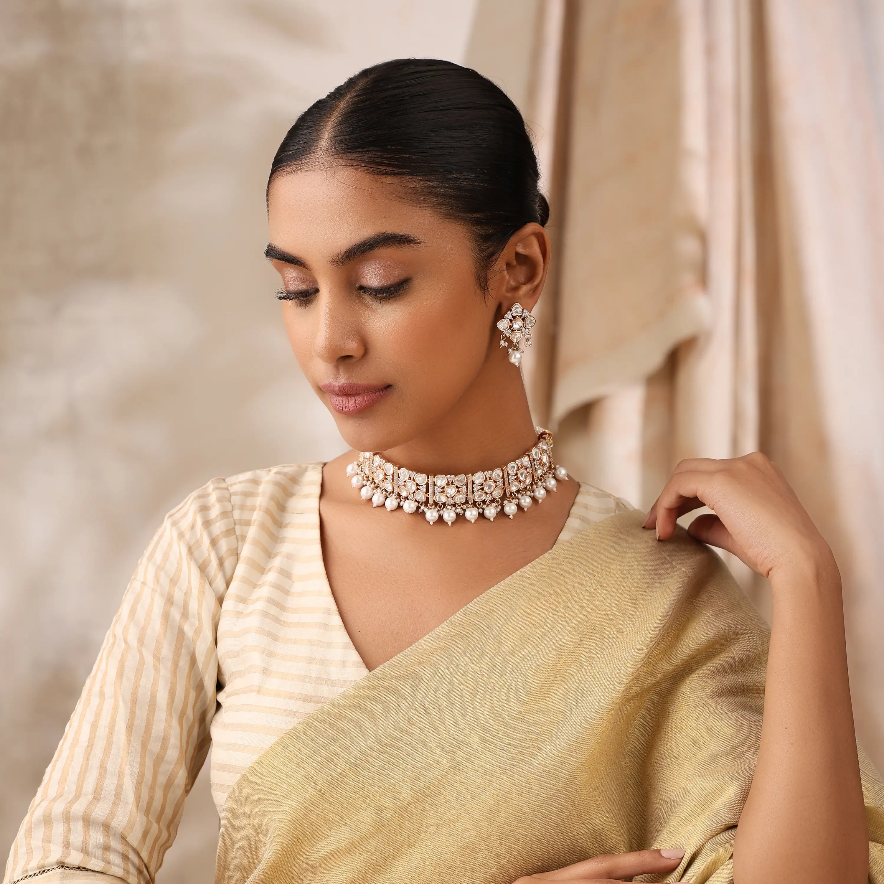 Uncut Mozonite Kundan Pearl Choker Necklace Set with Earrings