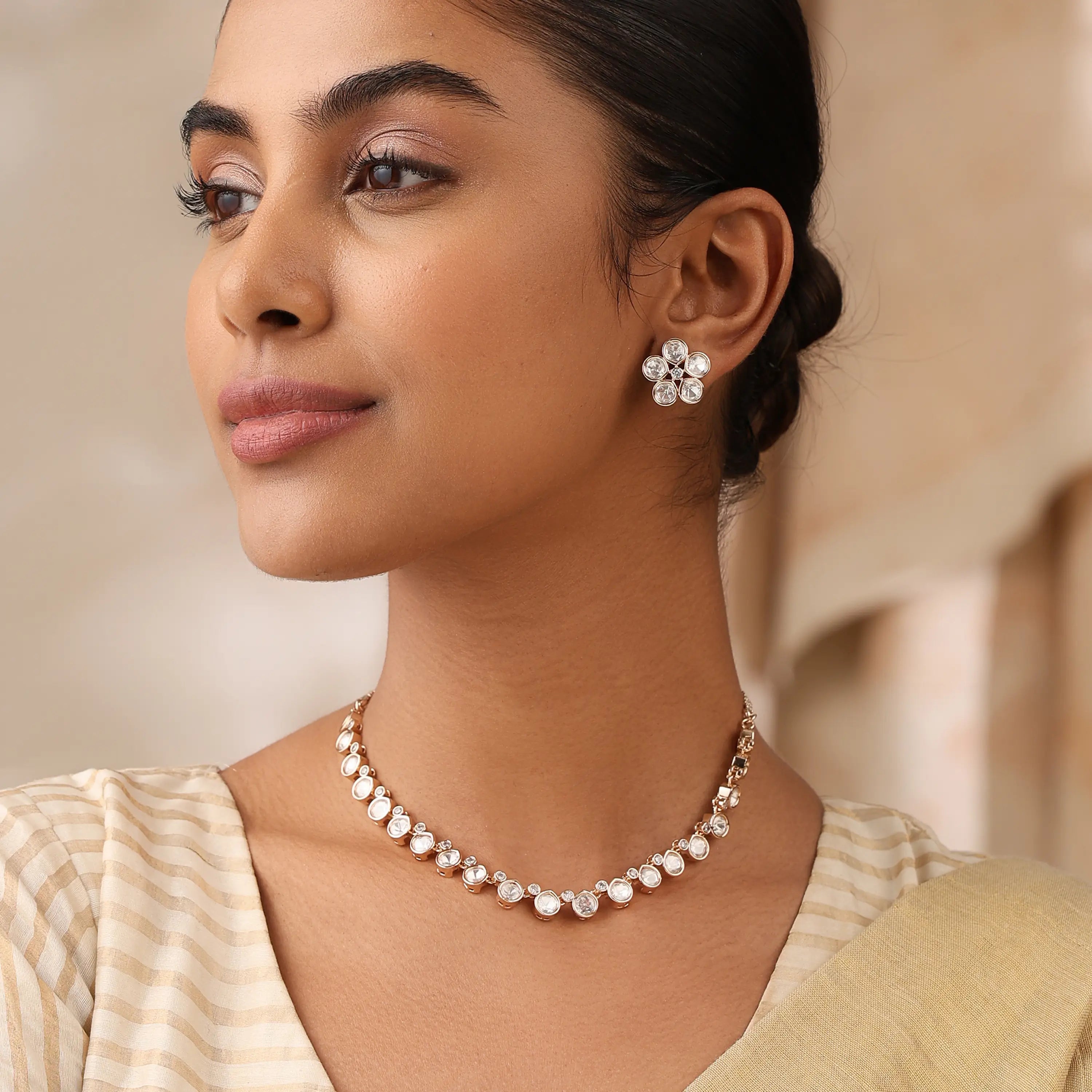 Ria Mozonite Delicate Minimalist Necklace Set with Stud Earrings